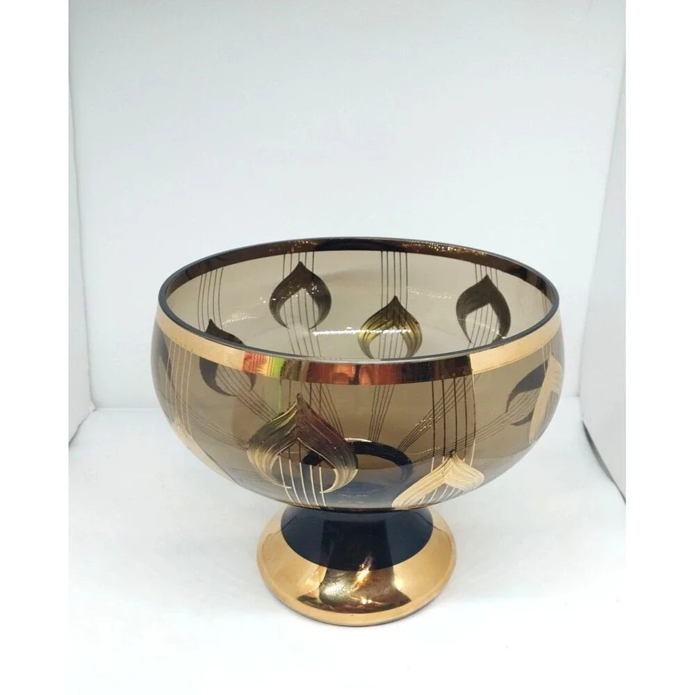Vintage Large 1970's Murmac Bohemia Glass and Gold Fruit Pedestal Bowl